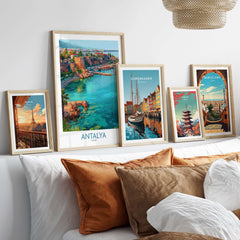 Antalya Turkey Old Harbor Art Print | Mediterranean Bay Travel Poster displayed among other travel posters.