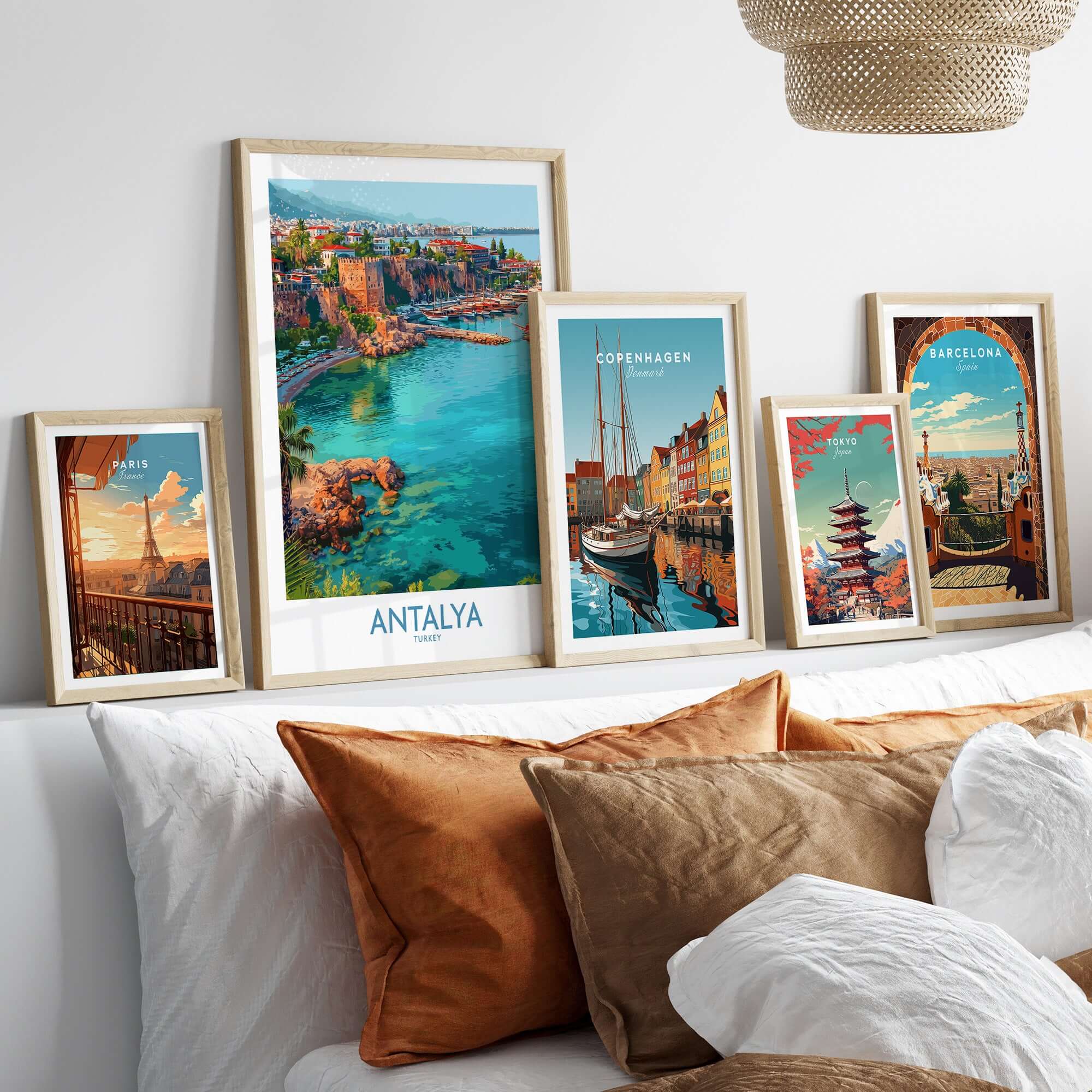 Antalya Turkey Old Harbor Art Print | Mediterranean Bay Travel Poster displayed among other travel posters.