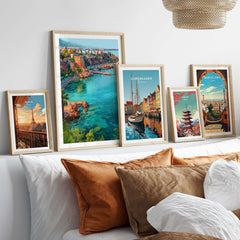 Antalya Marina and Red Tower Canvas Print | Turkish Coastal Wall Decor displayed in a stylish home setting with other travel art.