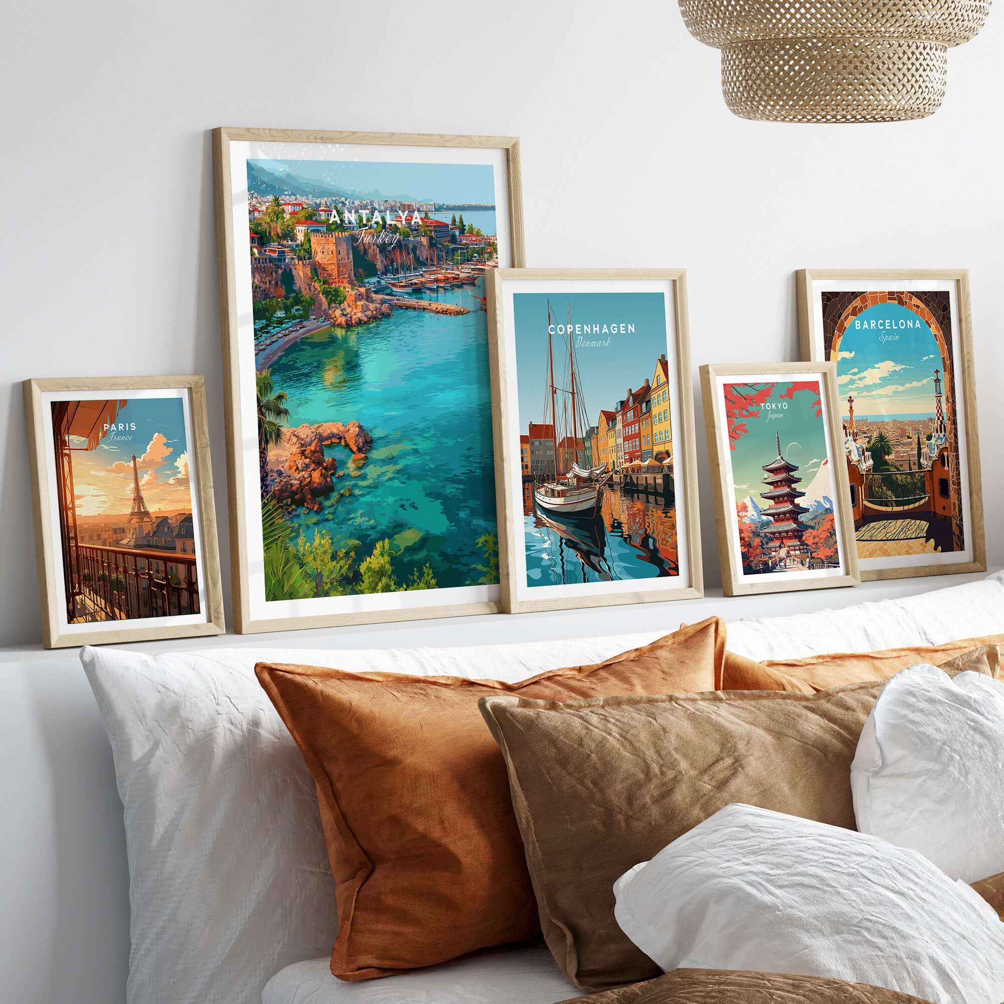 Antalya Marina and Red Tower Canvas Print | Turkish Coastal Wall Decor displayed in a stylish home setting with other travel art.