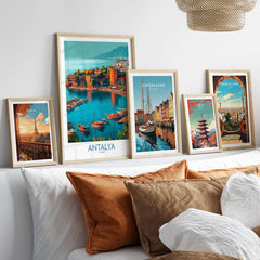 Antalya Turkey Kaleci Port Art Print | Historic Red Tower Poster displayed in an elegant home setting.