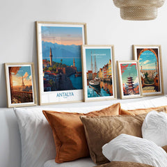 Antalya Turkey Art Print | Historic Coastal City Poster displayed among other travel art prints in a stylish interior.