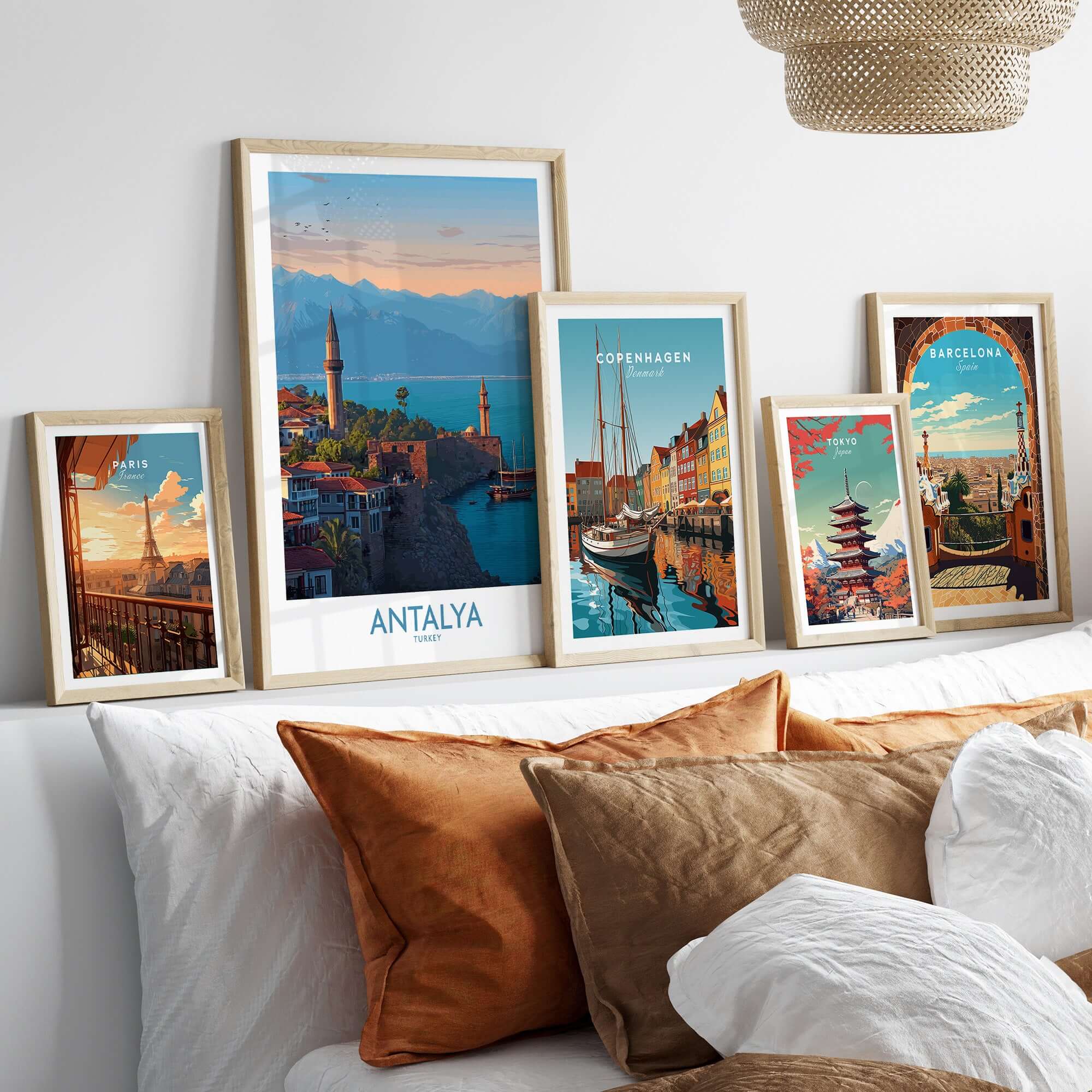 Antalya Turkey Art Print | Historic Coastal City Poster displayed among other travel art prints in a stylish interior.