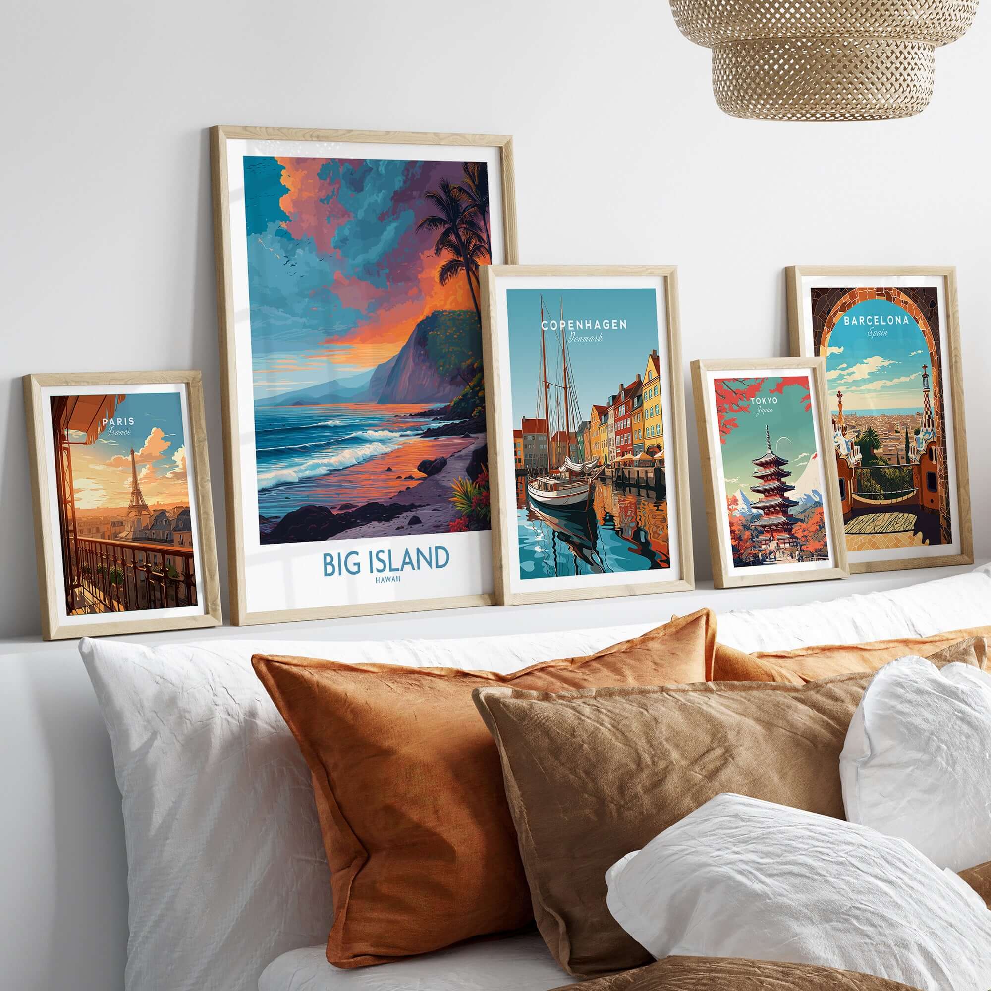 Big Island Hawaii Sunset Beach Art Print | Tropical Palm Tree Poster displayed in a stylish living room setup with decorative pillows.