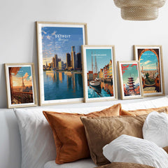 Detroit Riverfront Sunset View Print | Modern US City Wall Decor collection of cityscape prints displayed on wall.