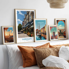 Harrogate Yorkshire Art Print | Floral Cafe Scene Poster displayed among framed travel art prints.