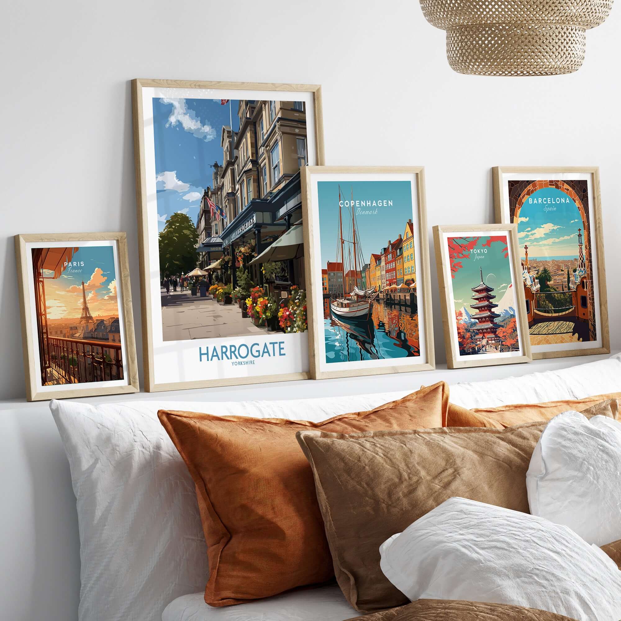 Harrogate Yorkshire Art Print | Floral Cafe Scene Poster displayed among framed travel art prints.