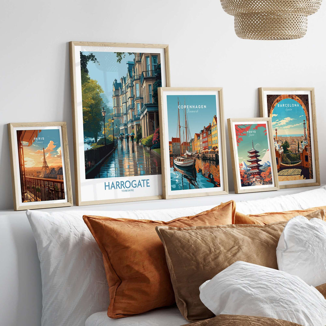 Harrogate Yorkshire Victorian Terrace Art Print | Rainy Street Poster displayed in an elegant wall gallery of framed art.