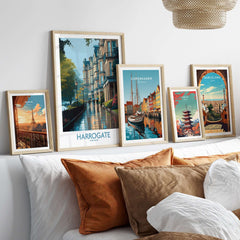 Harrogate Yorkshire Victorian Terrace Art Print | Rainy Street Poster displayed in an elegant wall gallery of framed art.