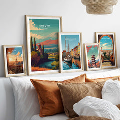 Kosovo Peja Canvas Print | European Travel Wall Art displayed with framed travel posters on a stylish home wall.