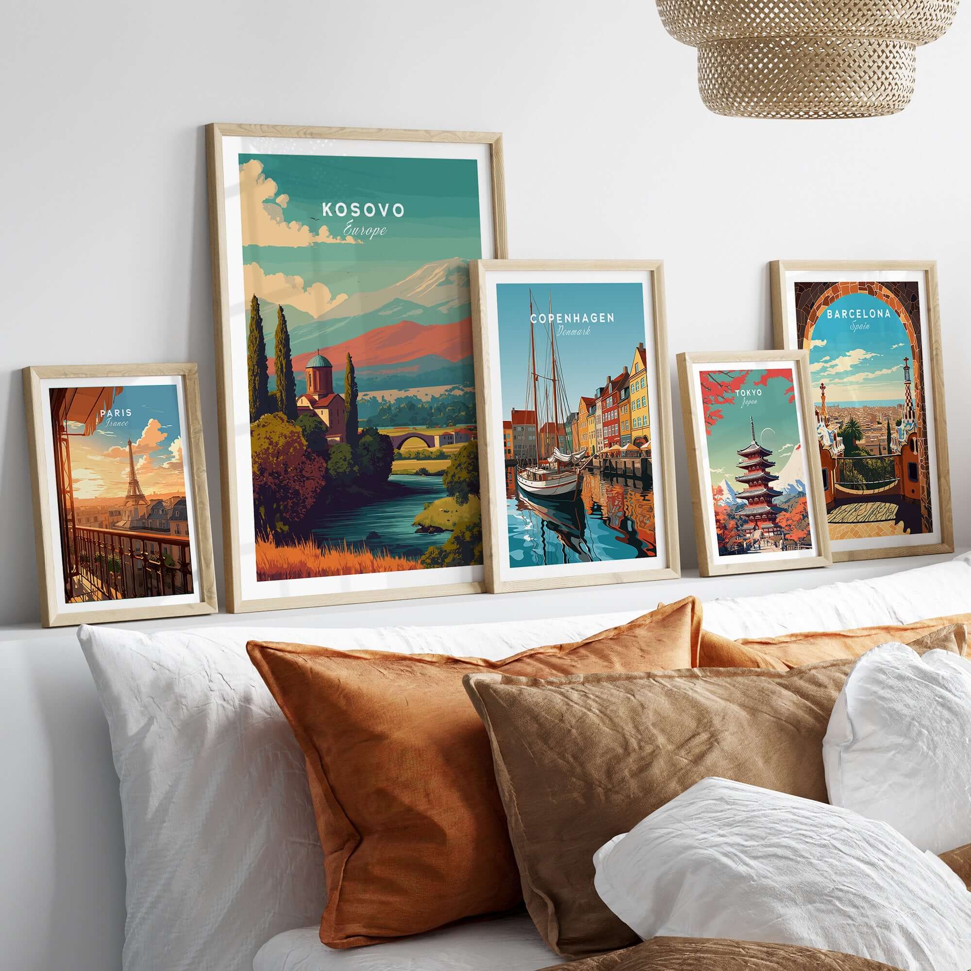 Kosovo Peja Canvas Print | European Travel Wall Art displayed with framed travel posters on a stylish home wall.