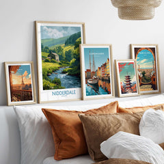 Nidderdale England Riverside Cottage Art Print | Yorkshire Valley Poster displayed among various framed prints