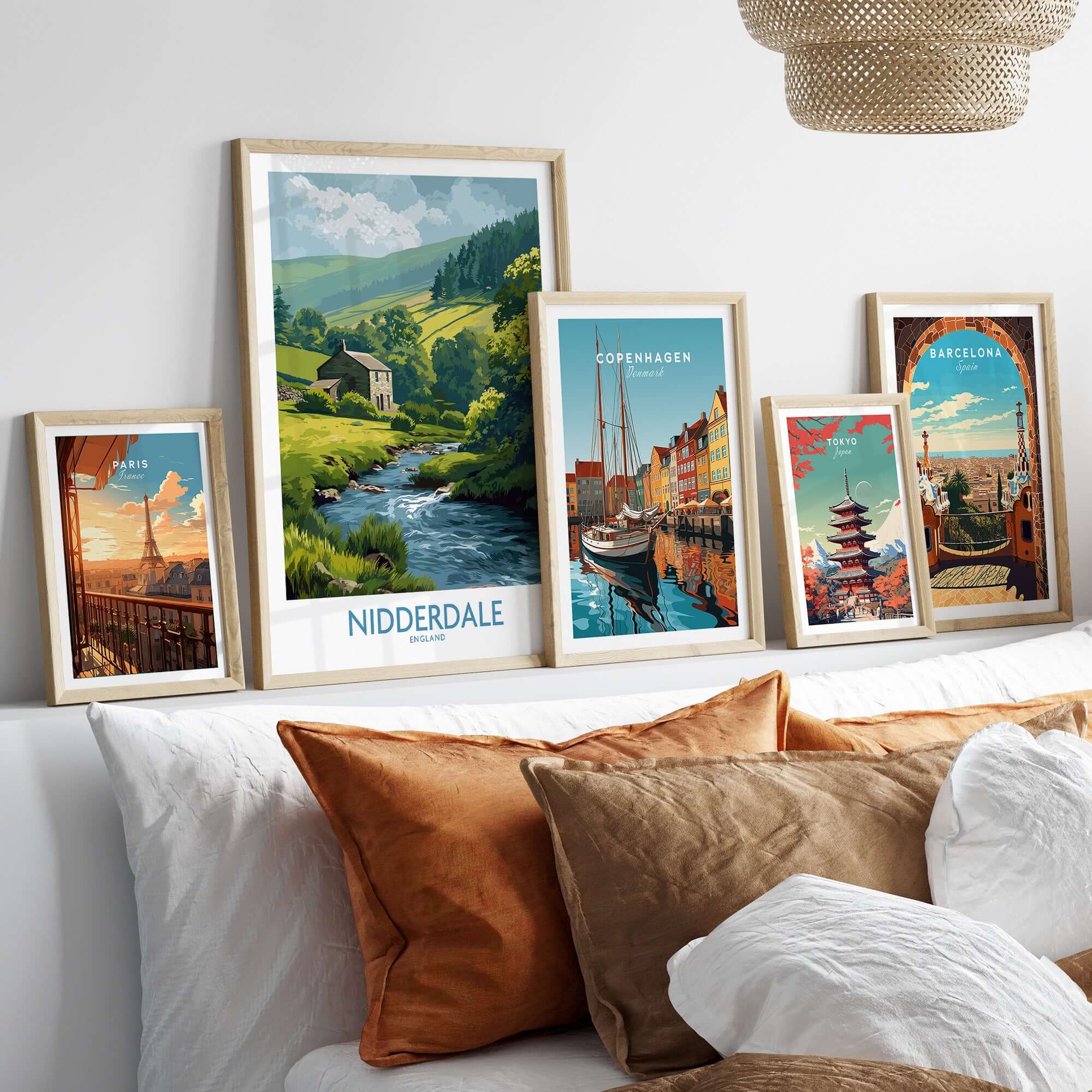 Nidderdale England Riverside Cottage Art Print | Yorkshire Valley Poster displayed among various framed prints