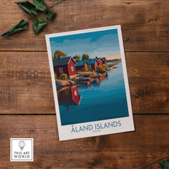 Åland Islands Art Print | Finland Archipelago Wall Decor Poster featuring serene coastal houses and calm waters.