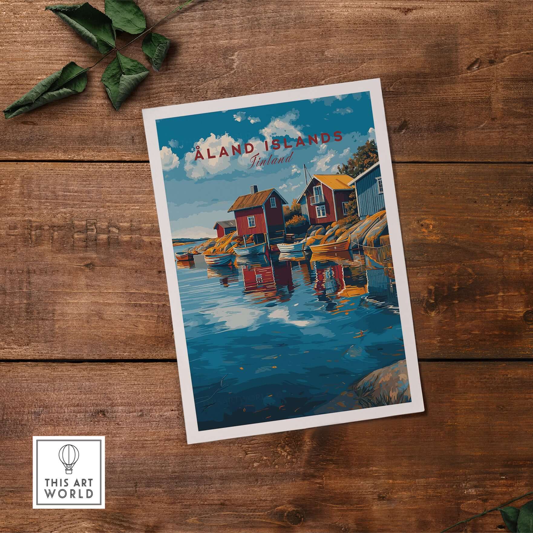 Åland Islands Poster | Scandinavian Sea Wall Decor showcasing beautiful red houses by the tranquil water.
