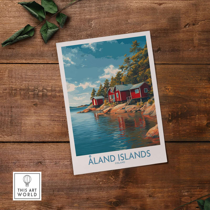 Åland Islands Lakeside Cabin Art Print | Finland Rustic Landscape Poster showcasing red cabins by calm waters.