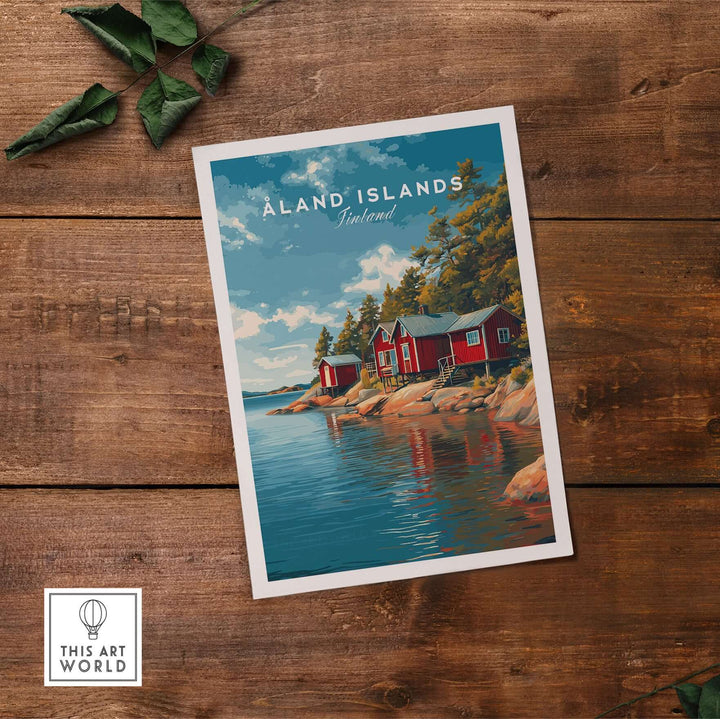 Åland Islands Picturesque Nordic Huts Print | Scandinavian Travel Wall Decor featuring red huts by the water.