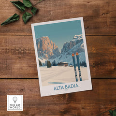 Alta Badia Italy Ski Wall Art featuring a snowy landscape and mountains, perfect for winter decor and ski enthusiasts.