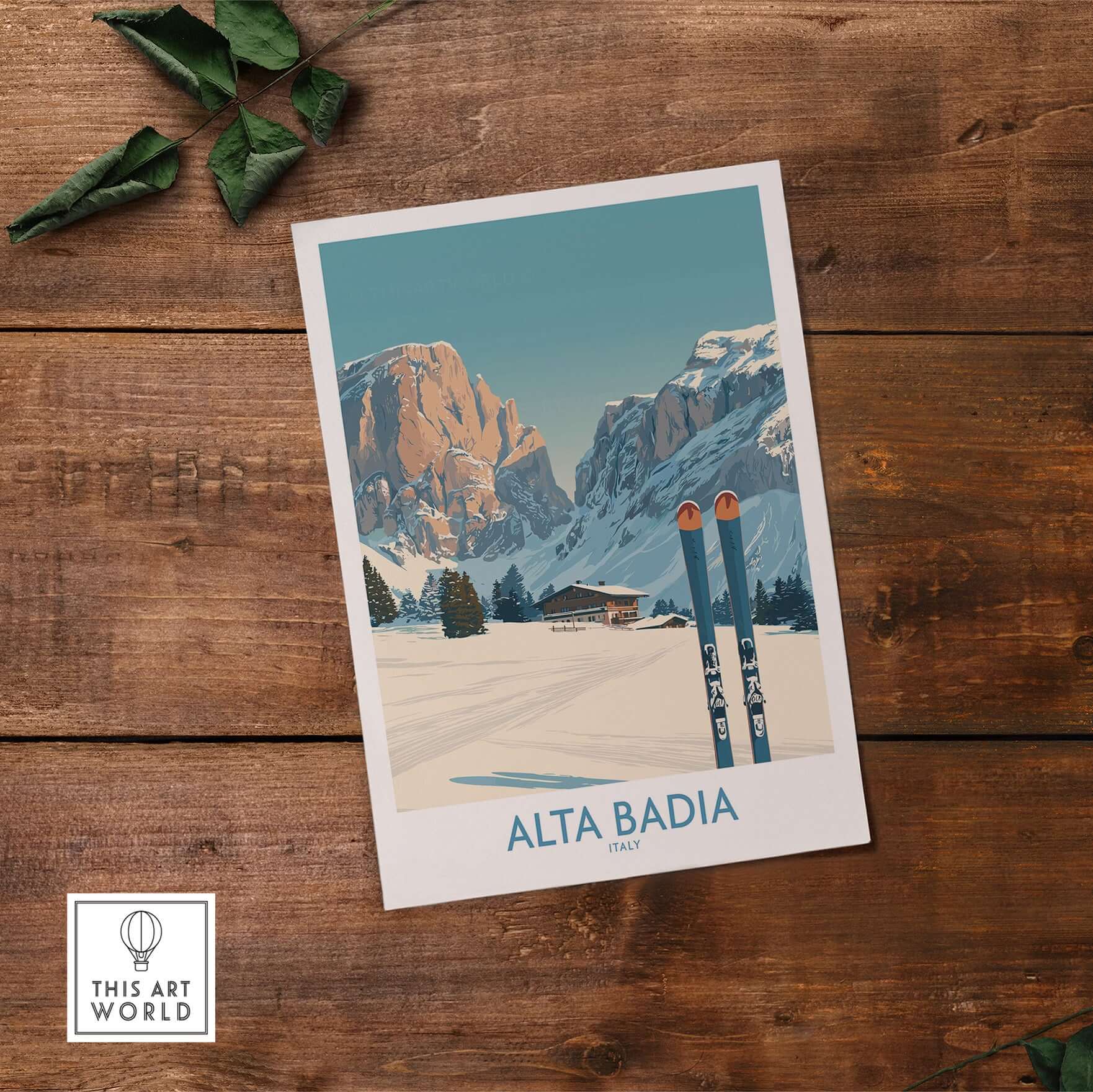 Alta Badia Italy Ski Wall Art featuring a snowy landscape and mountains, perfect for winter decor and ski enthusiasts.
