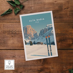 Alta Badia Italy ski resort print showcasing snowy mountains and ski poles, perfect for winter sports enthusiasts.