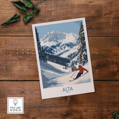 Alta Utah skiing adventure print showcasing a skier in the breathtaking Wasatch Mountains winter scenery.
