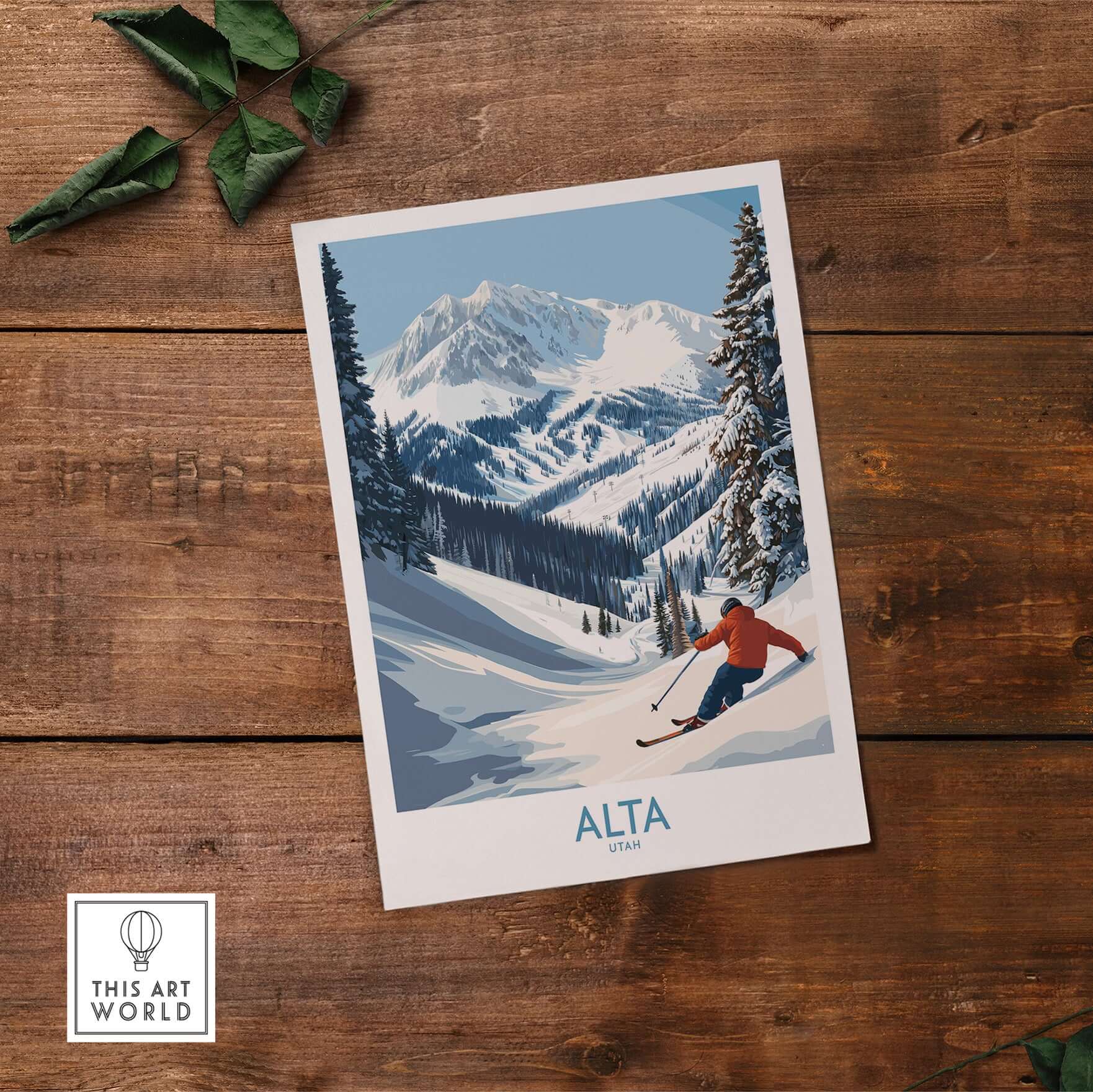 Alta Utah skiing adventure print showcasing a skier in the breathtaking Wasatch Mountains winter scenery.