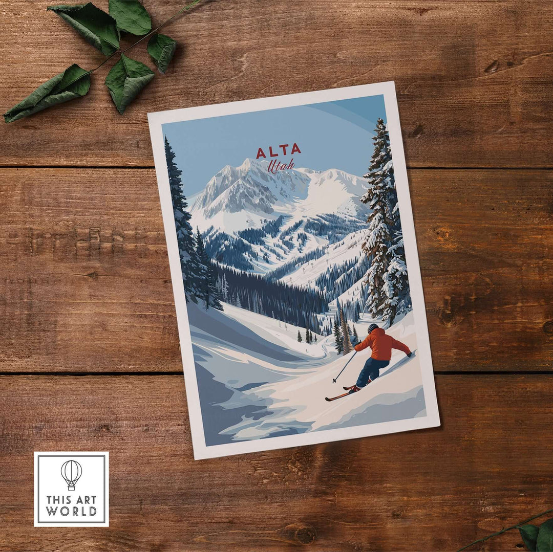 Alta Utah Ski Poster showcasing a skier against snowy mountain scenery, perfect wall art for winter sports lovers.