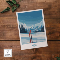Alta Utah winter mountain landscape poster featuring skis and snow-capped peaks, perfect for skiing decor.