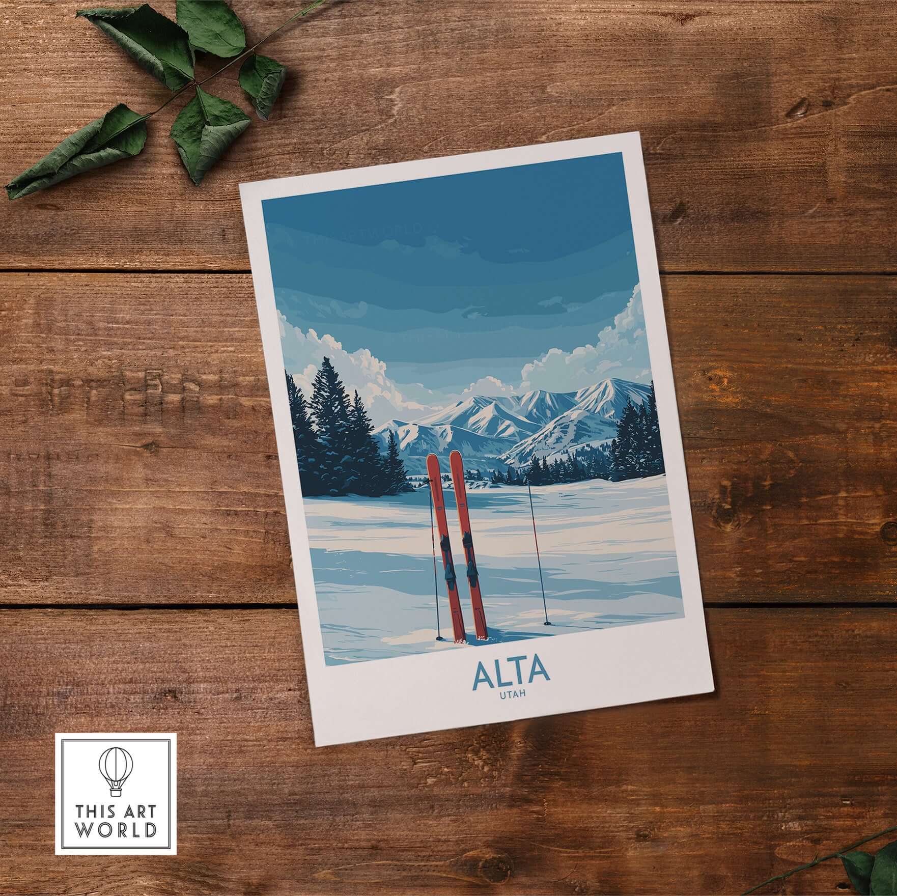 Alta Utah winter mountain landscape poster featuring skis and snow-capped peaks, perfect for skiing decor.