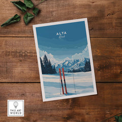 Alta Utah skis print featuring mountains and snow, perfect wall art for ski enthusiasts.