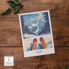 Alta Utah ski adventure poster featuring snowy Wasatch Range landscape with skis in foreground, vibrant travel decor.