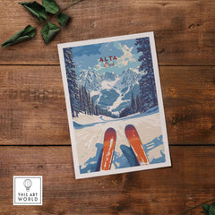 Alta Utah ski view print featuring vibrant mountain scenery and ski equipment on a snowy slope.