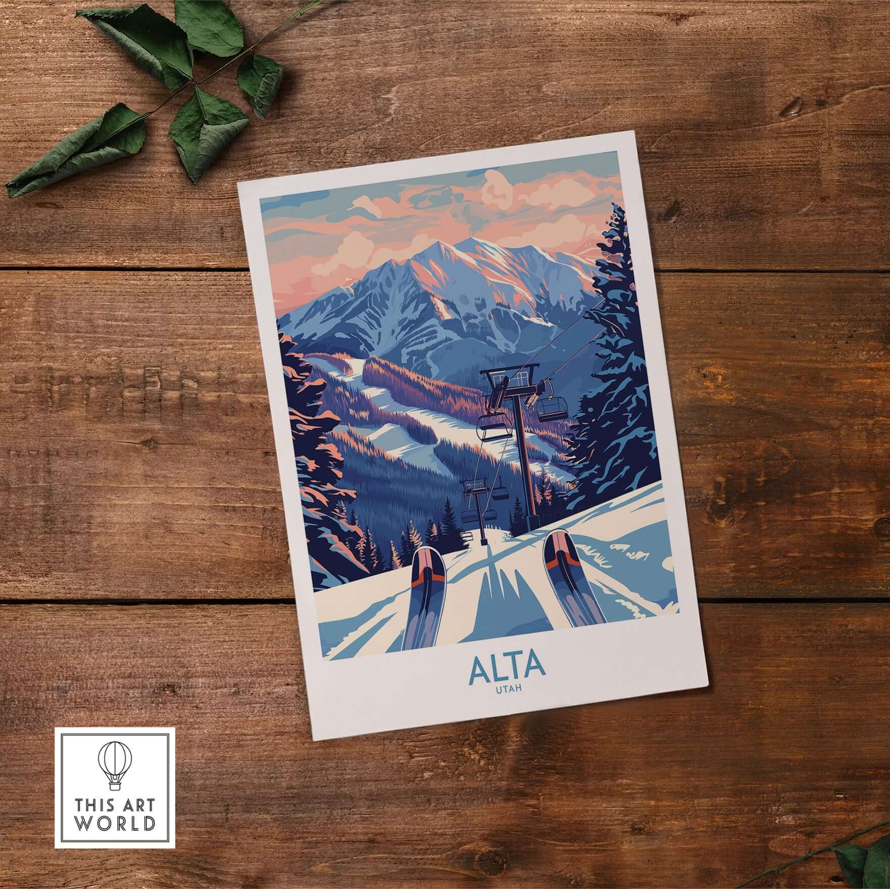 Alta Utah Ski Print showcasing snowy mountains and ski lift, perfect for winter sports travel decor.