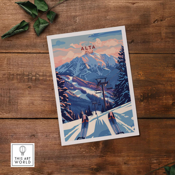 Alta Utah ski lift poster featuring snowy slopes and majestic mountains under a colorful sunset backdrop.