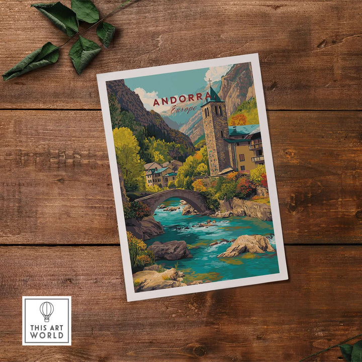 Andorra Valira River Valley Village Print | European Mountain Wall Decor featuring a picturesque river and village scene.