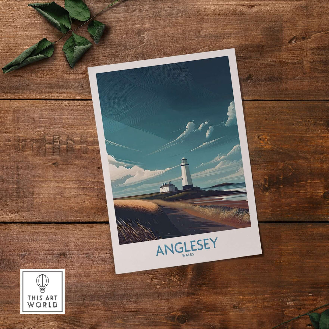 Anglesey Wales seascape poster featuring a lighthouse and coastal scenery on a wooden table.