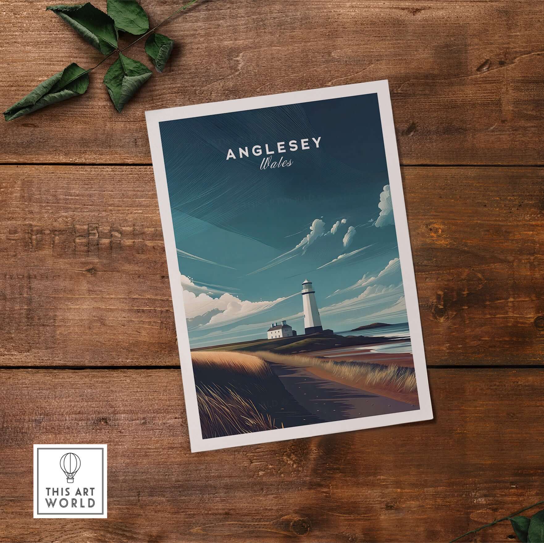 Anglesey Wales Lighthouse Coastal Print - Welsh Landscape Wall Art on wooden background with coastal design elements.