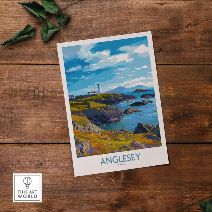 Anglesey Wales print depicting grassy cliffs and coastal views, perfect for travel and home decor.