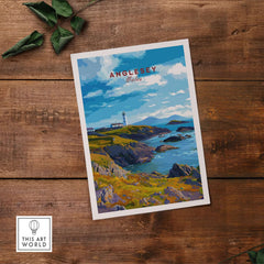 Anglesey Wales Poster Rocky Coast Lighthouse - Celtic Sea Wall Art on wooden background showcasing coastal landscape.