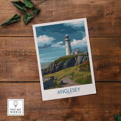 Anglesey Wales Scenic Seascape Poster - Welsh Lighthouse Decor on a wooden table