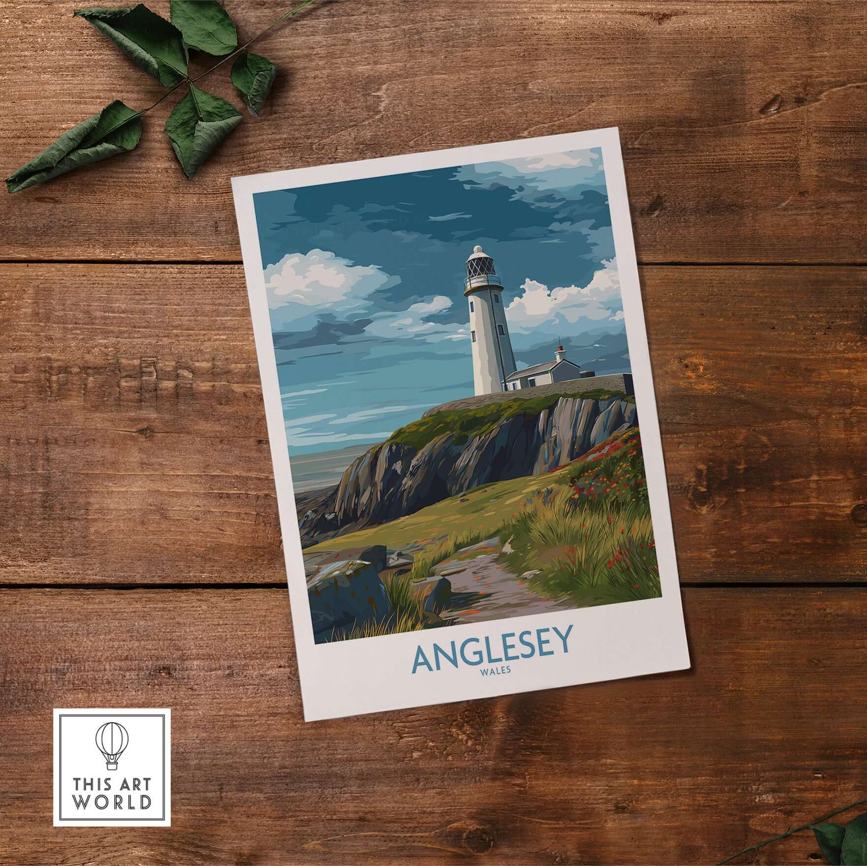 Anglesey Wales Scenic Seascape Poster - Welsh Lighthouse Decor on a wooden table
