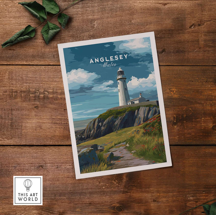Anglesey Wales lighthouse print on cliffs, coastal path wall art, capturing the beauty of natural landscapes.
