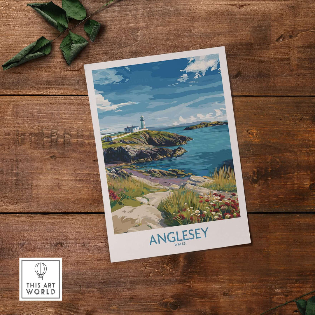 Anglesey Wales seaside print featuring coastal scenery and vibrant blooms, perfect for travel decor.