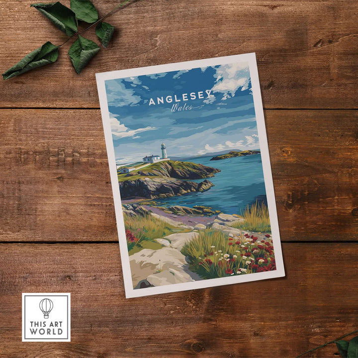 Anglesey Wales lighthouse poster featuring coastal wildflowers and blue skies, vibrant wall art decor.