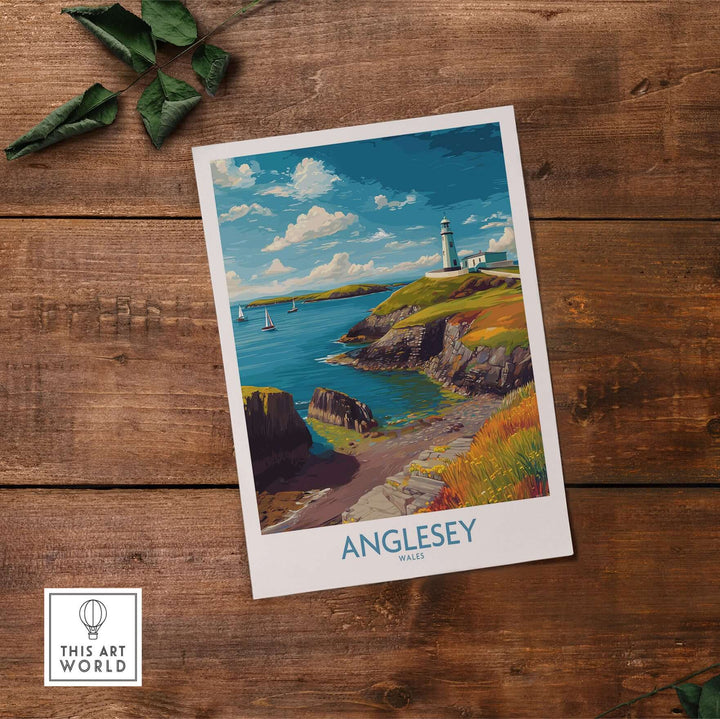 Anglesey Wales ocean view travel poster featuring a lighthouse and coastal scenery, perfect Welsh seaside decor artwork.