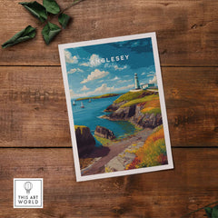 Anglesey Wales Sailboats & Lighthouse Print - Nautical Coastal Wall Art showcasing a lighthouse and sailboats on a serene coast.