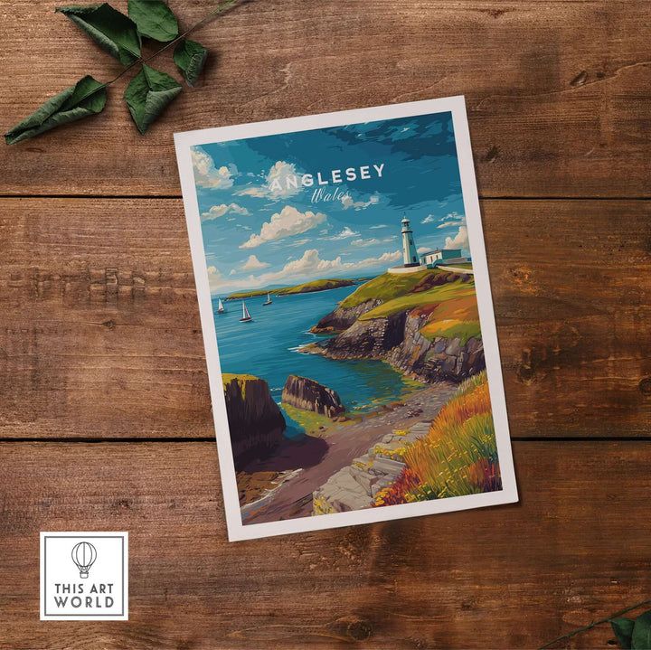 Anglesey Wales sailboats and lighthouse print on wooden table, vibrant coastal wall art for nautical decor.