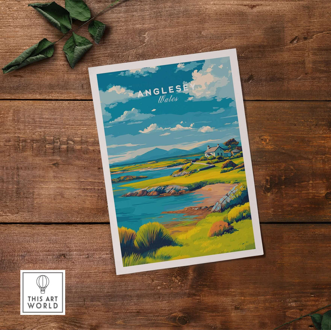 Anglesey Wales green coastline print showcasing rural landscape and serene waters on a wooden background.