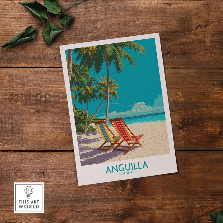 Anguilla Caribbean sunset poster featuring beach chairs and palm trees, capturing tropical serenity and wanderlust.