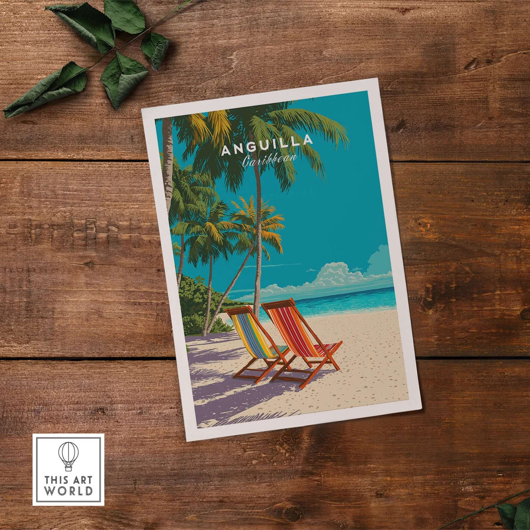 Anguilla Caribbean wall art print featuring colorful beach chairs by the sea, perfect for tropical decor.